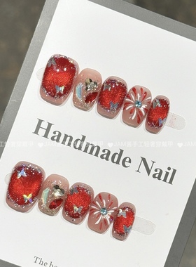 璀璨 新款纯手工穿戴甲短款手绘烟花红色猫眼穿戴美甲高级感显白