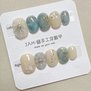 【JAM酱】纯手工光疗美甲立体花朵蓝色晕染显白短款日常穿戴美甲