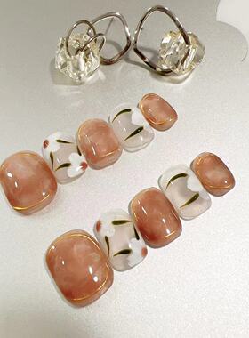 【JAM酱】冰茶花纯手工美甲贴片奶咖晕染冰透短款穿戴甲指甲片ins