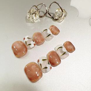 【JAM酱】冰茶花纯手工美甲贴片奶咖晕染冰透短款穿戴甲指甲片ins