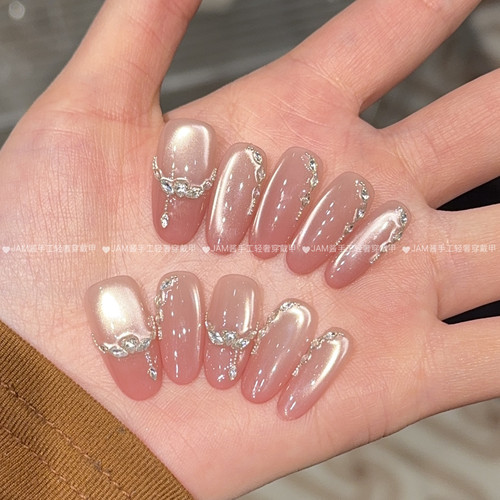 软香温玉 新款纯手工穿戴甲中长款氛围感腮红渐变猫眼美甲高级感