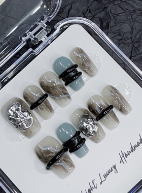 清仓 广岛之恋 纯手工穿戴甲短梯黑色晕染千禧原创轻奢美甲贴ins