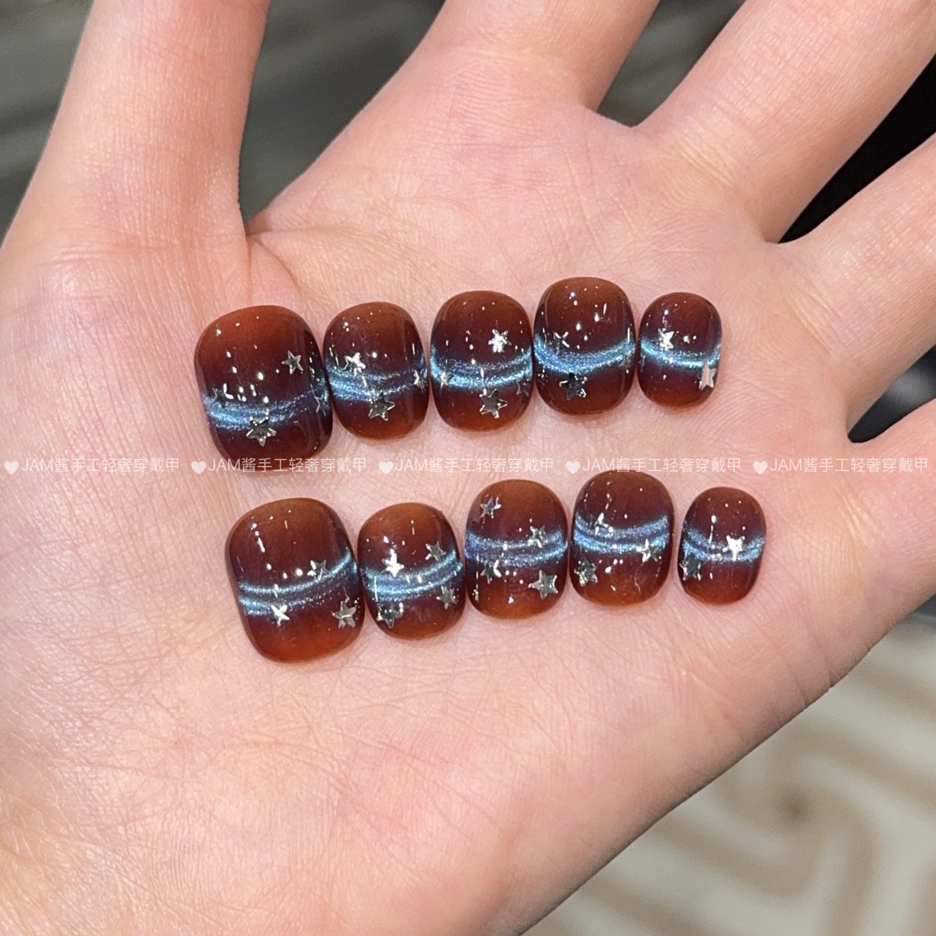 星河 秋冬新款纯手工穿戴甲短款棕色蓝色猫眼穿戴美甲高级感显白