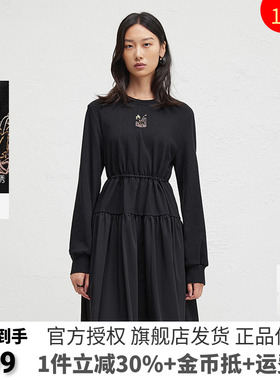 播20冬季季新款黑色刺绣连衣裙女收腰显瘦圆领长裙DDR4LD5102