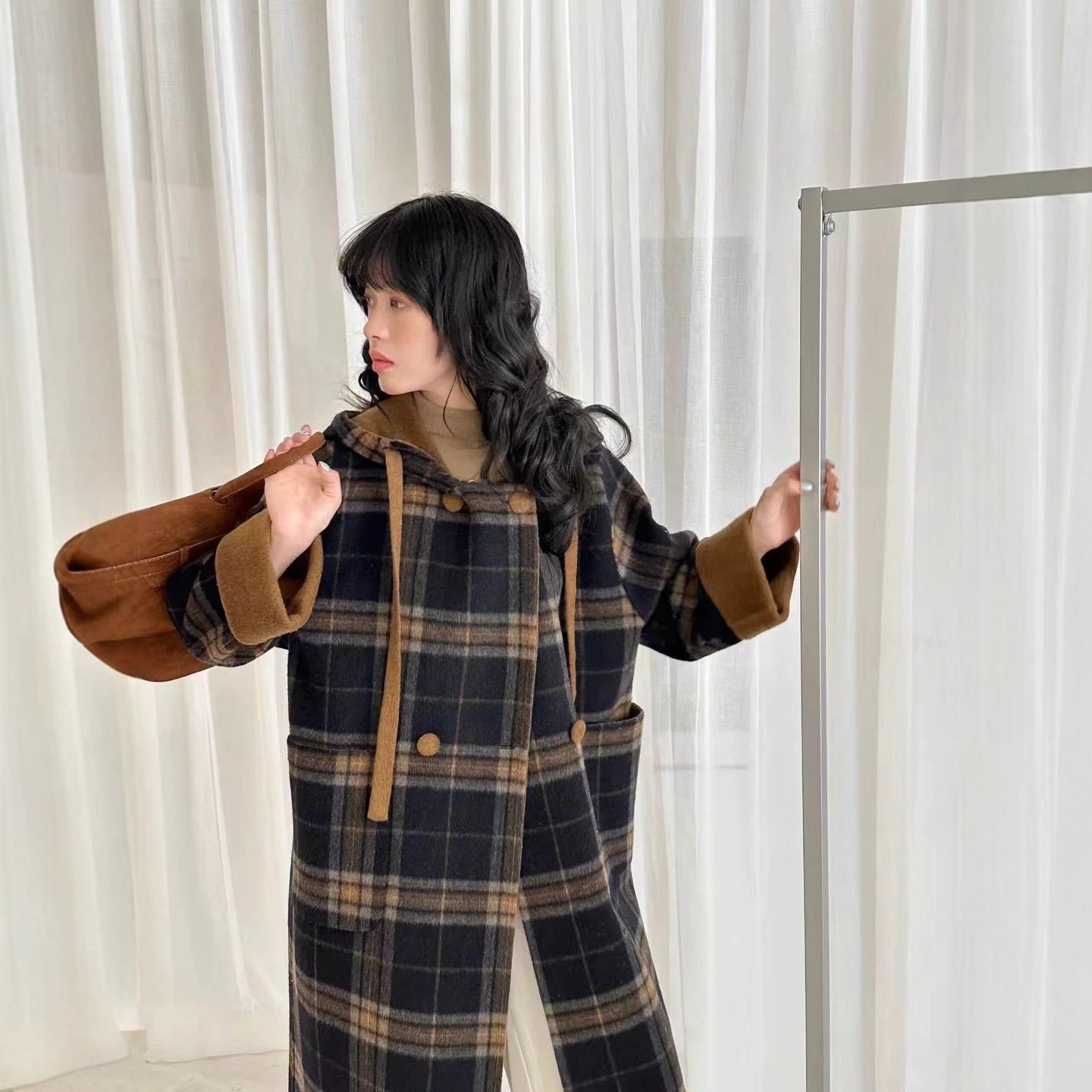 双面呢大衣女款2025新款冬季加厚格子感超好看毛呢外套女秋冬