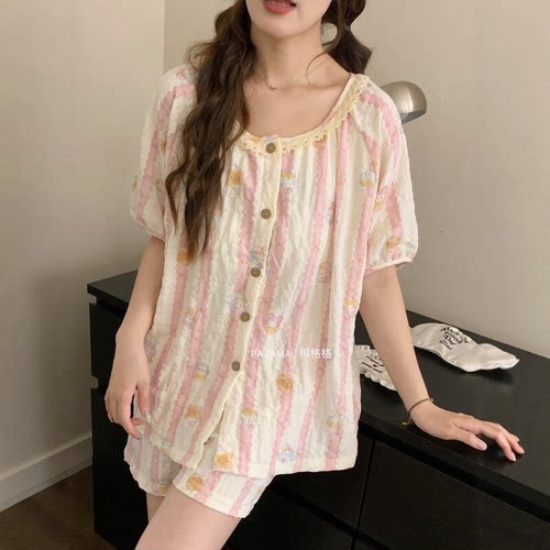 带胸垫睡衣女夏季短袖短裤薄款甜美可爱开衫学生可外穿家居服套装