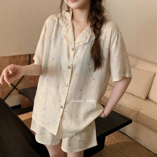 睡衣女夏季短袖棉薄款甜美可爱开衫公主风少女可外穿家居服套装