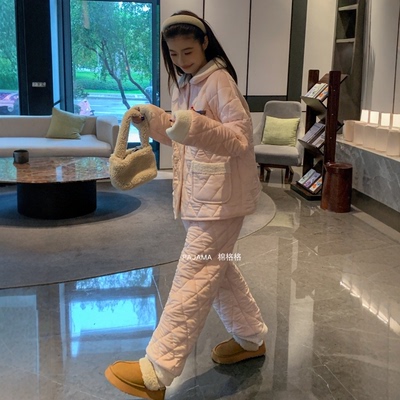 冬季睡衣女三层加厚加绒保暖珊瑚绒甜美可爱休闲家居服套装可外穿
