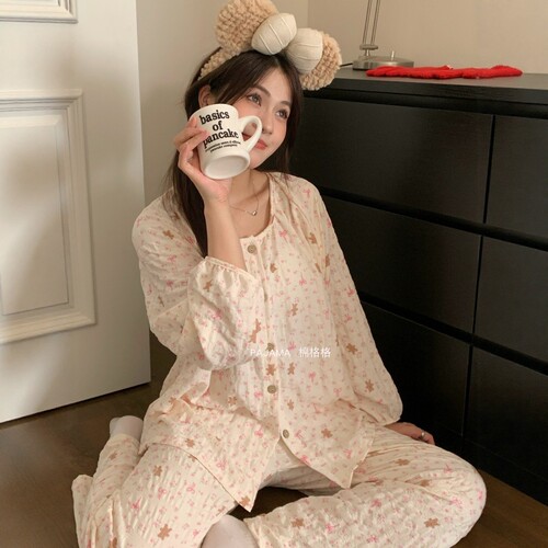 卡仙米长袖带胸垫家居服套装