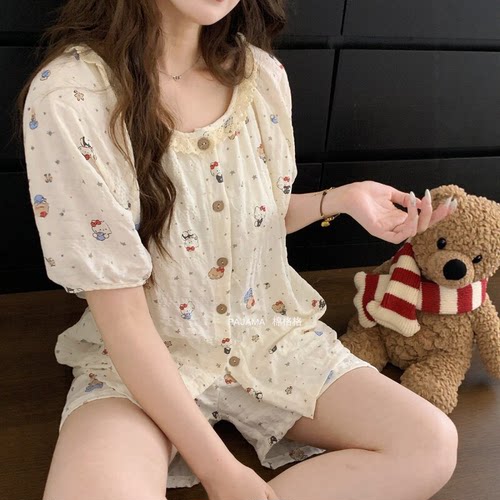 卡通可爱猫可爱甜美睡衣夏天女短袖短裤薄款家居服外穿睡衣套装