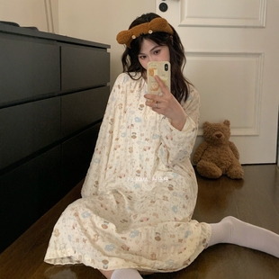 睡裙女春秋季长袖睡衣甜美可爱卡通2025新款中长款家居服可外穿