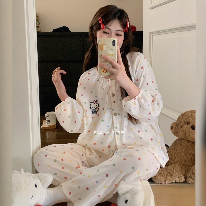 春秋季睡衣女长袖甜美可爱Kitty休闲开衫长裤可外穿家居服套装