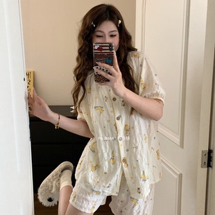 带胸垫睡衣女短袖短裤薄款甜美可爱少女小黄鸭可外穿家居服套装