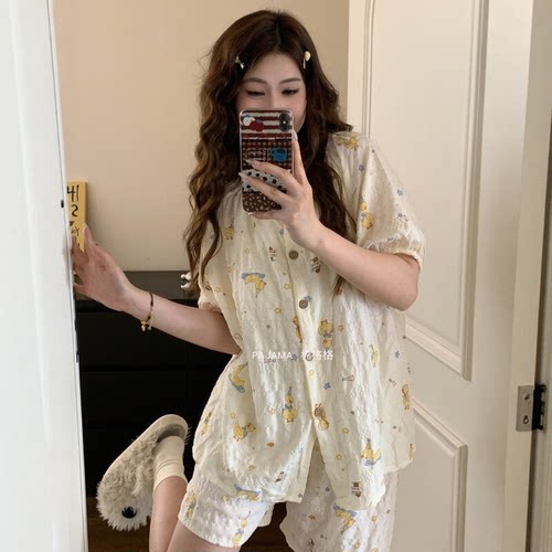 带胸垫睡衣女短袖短裤薄款甜美可爱少女小黄鸭可外穿家居服套装