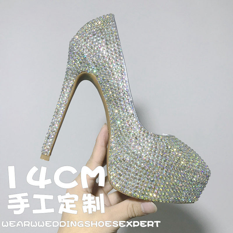 14CM大码婚鞋主婚纱新娘鞋水钻高跟鞋防水台灰姑娘水晶鞋夜场公主