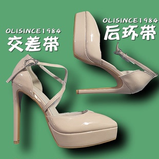 气质女 细跟包头真皮性感小码 13CM防水台裸色尖头高跟凉鞋 新娘婚鞋