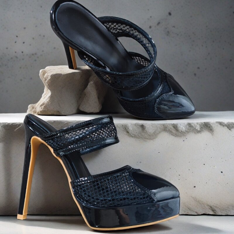 13CM黑色网纱蕾丝尖头心形性感夏季外穿高跟凉拖鞋法式优雅时装女