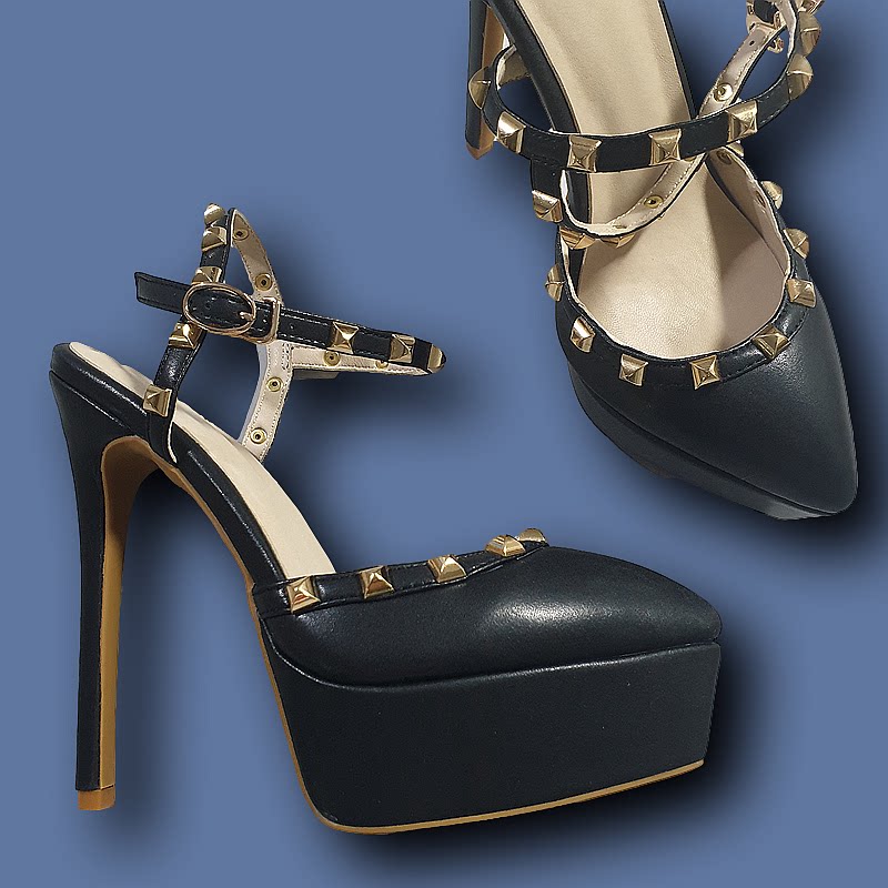 14公分黑色铆钉高跟凉鞋走秀车展模特夜场公主夏季尖头裸色时尚