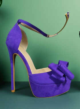 14CM紫色鱼嘴单鞋蝴蝶结高跟鞋细跟磨砂皮露趾气质百搭优雅手工鞋