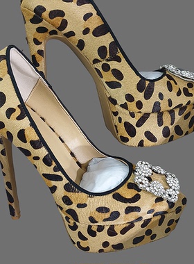 15cm豹纹马毛高跟鞋OL真皮厚底尖头细跟走秀时装鞋性感恨天高夜场