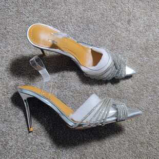 8cm银色水钻尖头透明性感走秀模特婚鞋法式