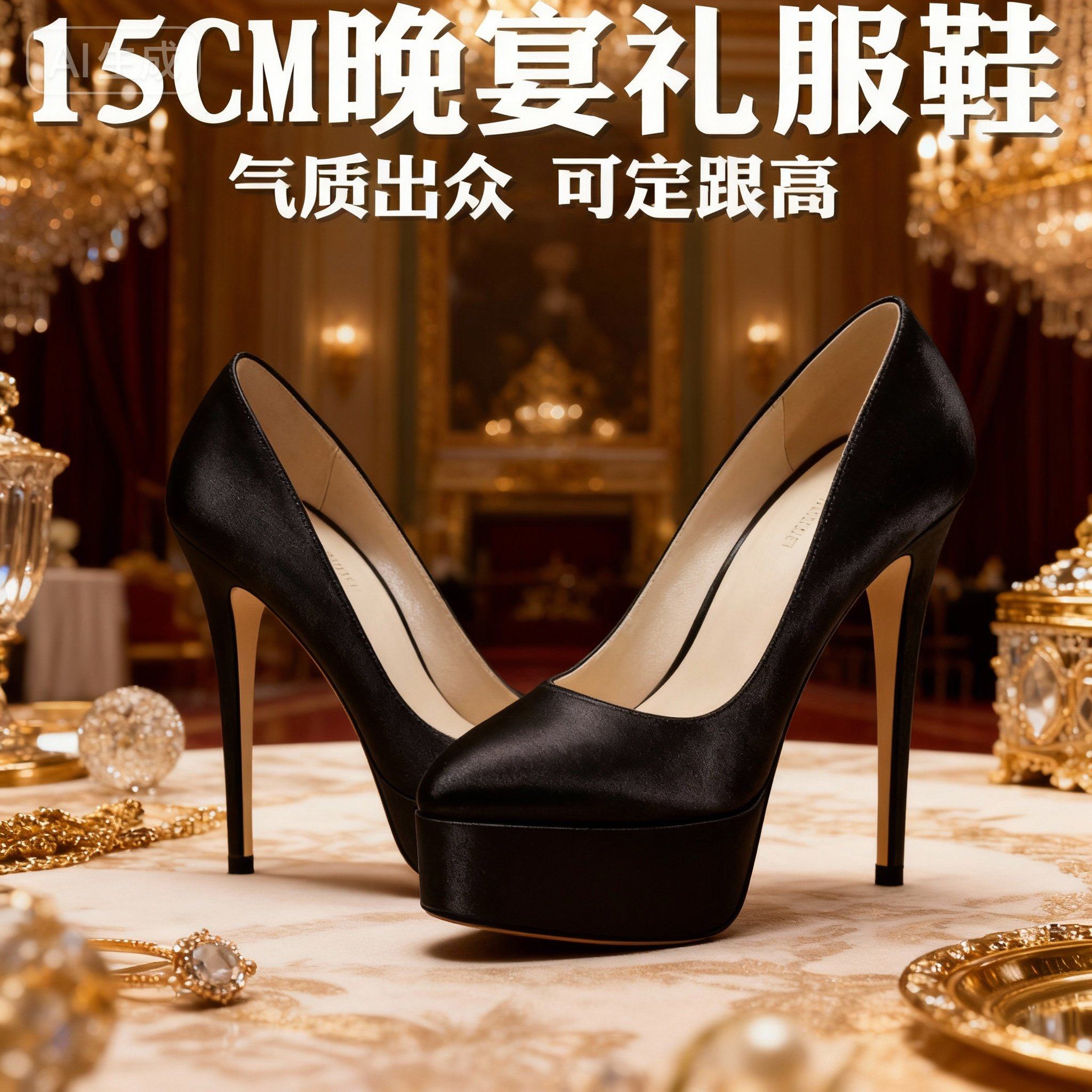 15CM黑色真丝布绸缎高跟鞋防水台尖头真皮细跟模特走秀时装鞋蓝色