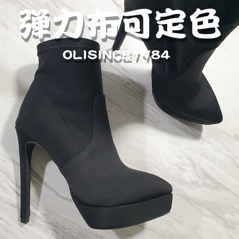 15CM短靴弹力靴黑色恨天高细跟防水台尖头时装袜子靴瘦瘦靴气质