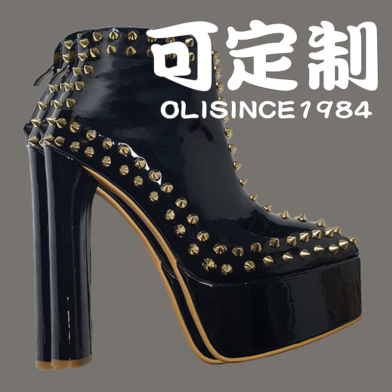 15CM黑色金色铆钉短靴粗跟尖头防水台欧美明星款夜店女鞋走秀车模