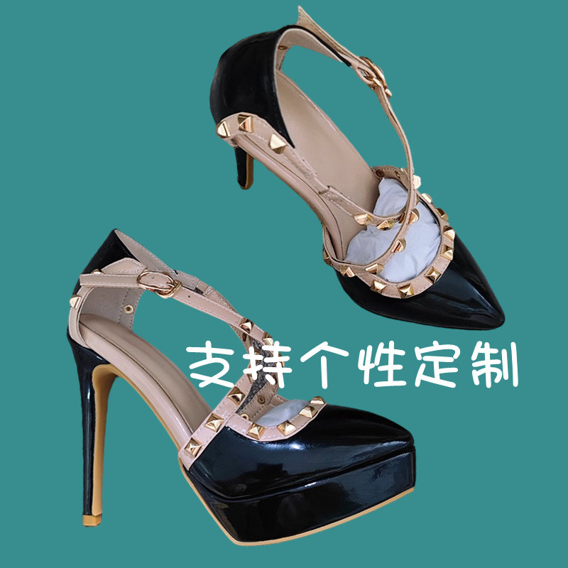 13CM撞色铆钉黑色防水台真皮凉鞋尖头夏季厚底包头罗马高跟鞋2025