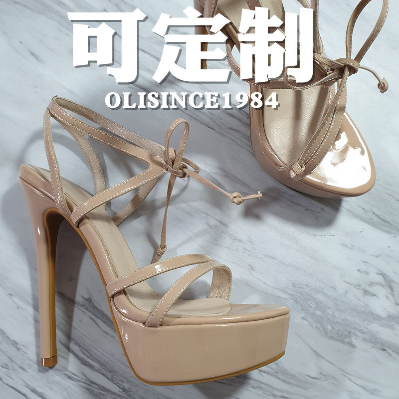 14CM裸色防水台气质名媛高跟鞋凉鞋时装鞋细跟高级感蝴蝶结大码女