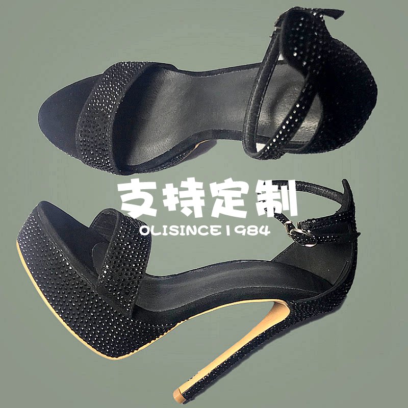 14CM超高跟黑色水钻凉鞋女细跟防水台夜店性感走秀演出女辣妹名媛
