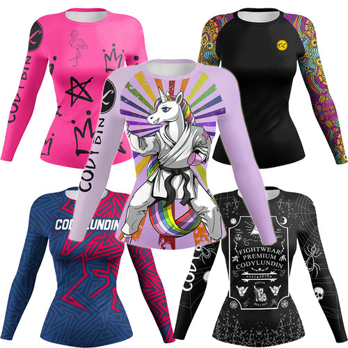 女士健身衣修身弹力紧身衣长袖运动速干衣印花骑行瑜伽格斗T恤春