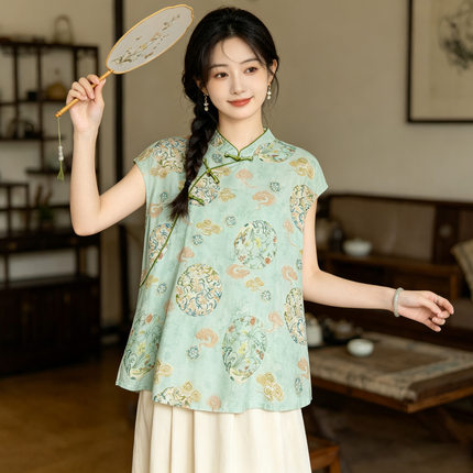 新中式棉绸无袖上衣女夏季人造棉碎花坎肩宽松国风外穿背心衬衫薄