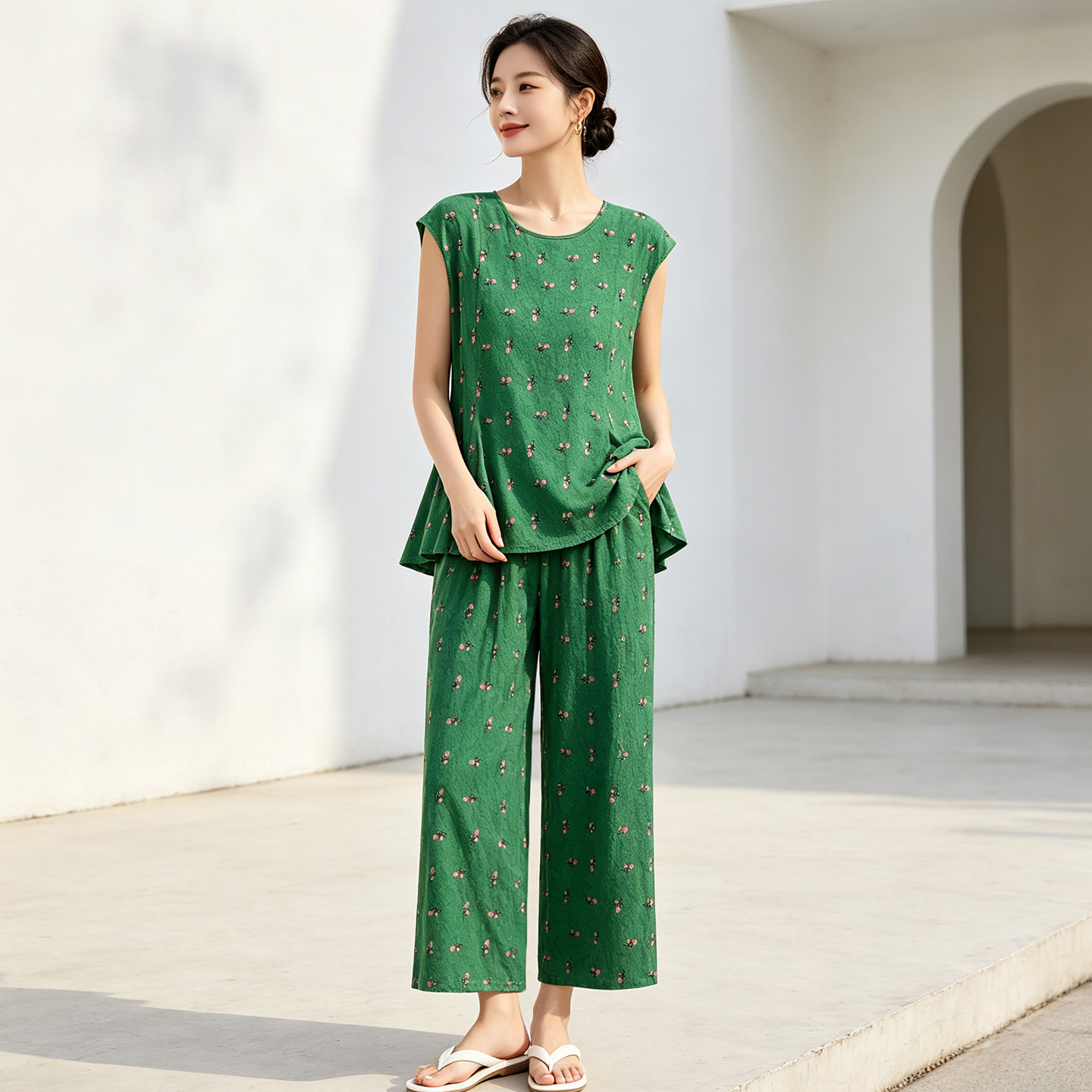 夏季款棉绸时尚套装女无袖九分阔腿裤大码妈妈显瘦中老年外出女装