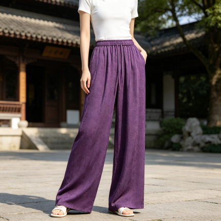 棉绸阔腿裤女2026夏季薄款国风提花冰丝垂感宽松显瘦休闲拖地长裤