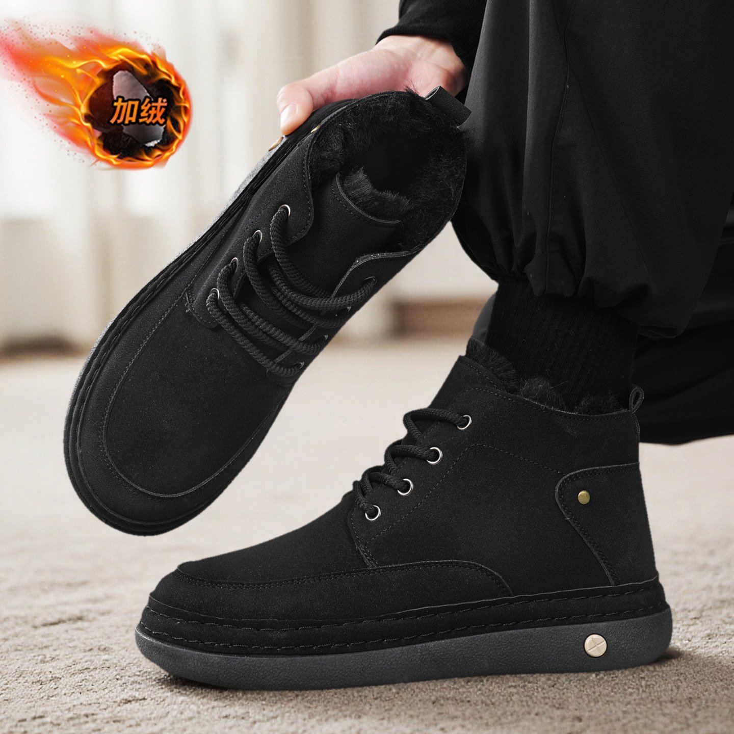 冬季男士高帮加绒保暖系带棉鞋