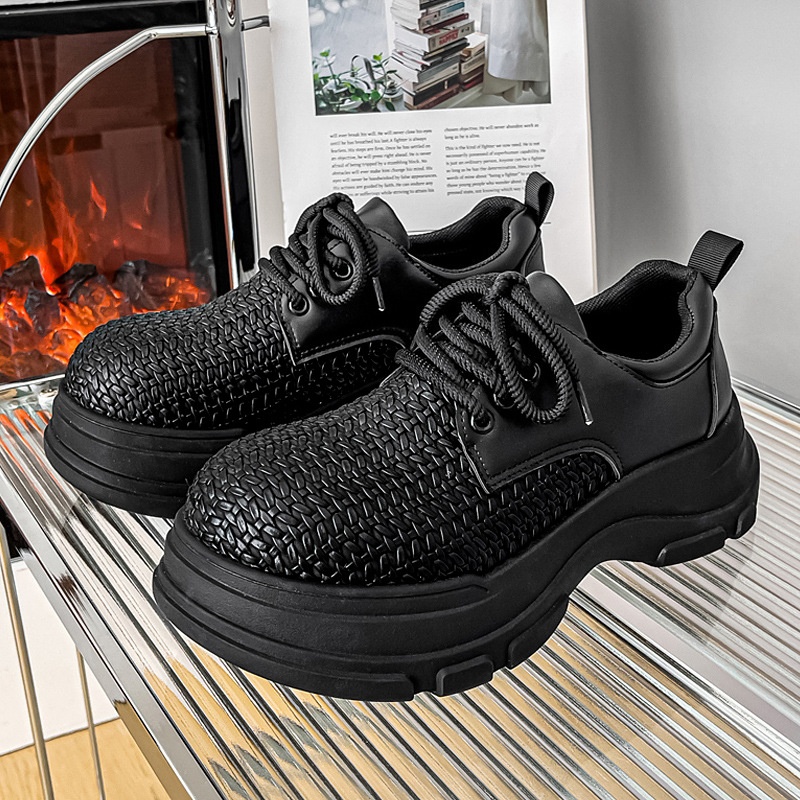 厚底鞋男编织风大头德比休闲皮鞋