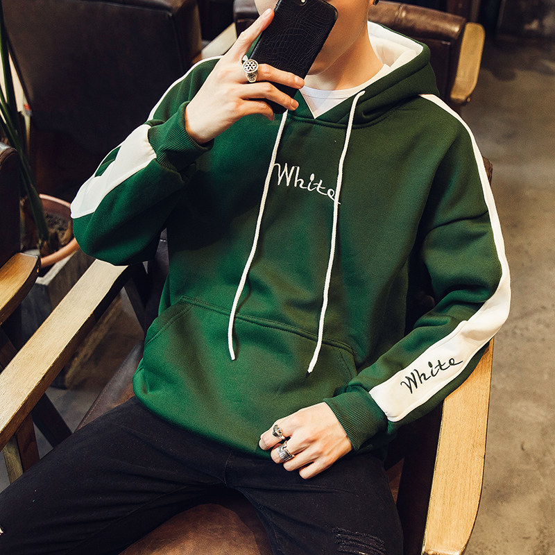 秋冬男士 加絨連帽套頭繡花衛衣學生春季新款衛衣