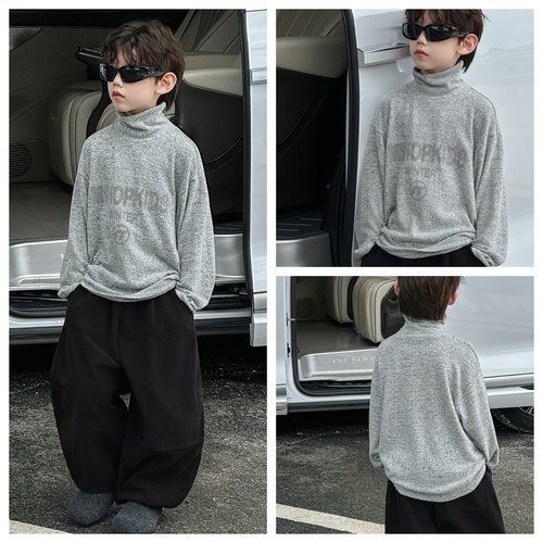 韩式极简风男童长袖T恤堆堆领宽松百搭保暖上衣2025儿童秋冬新款