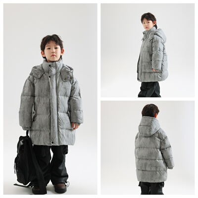 儿童长款连帽羽绒服加厚保暖过膝灰色外套冬装2025男童白鸭绒棉服