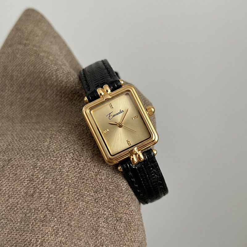 中古高级感女表小众金色方盘防水腕表女士真皮石英时尚潮流手表