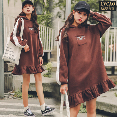 韩版带帽拼接加绒加厚宽松鱼尾卫衣裙秋冬卫衣女中长款显瘦连衣裙
