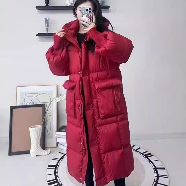 2024新女款泡芙羽绒服洋气时尚设计感保暖加厚加长连帽白鸭绒外套