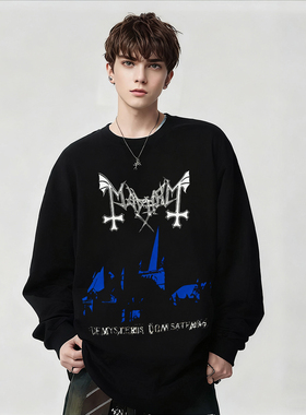 Mayhem乐队周边印花美式摇滚风长袖T恤男女宽松纯棉上衣黑色春秋