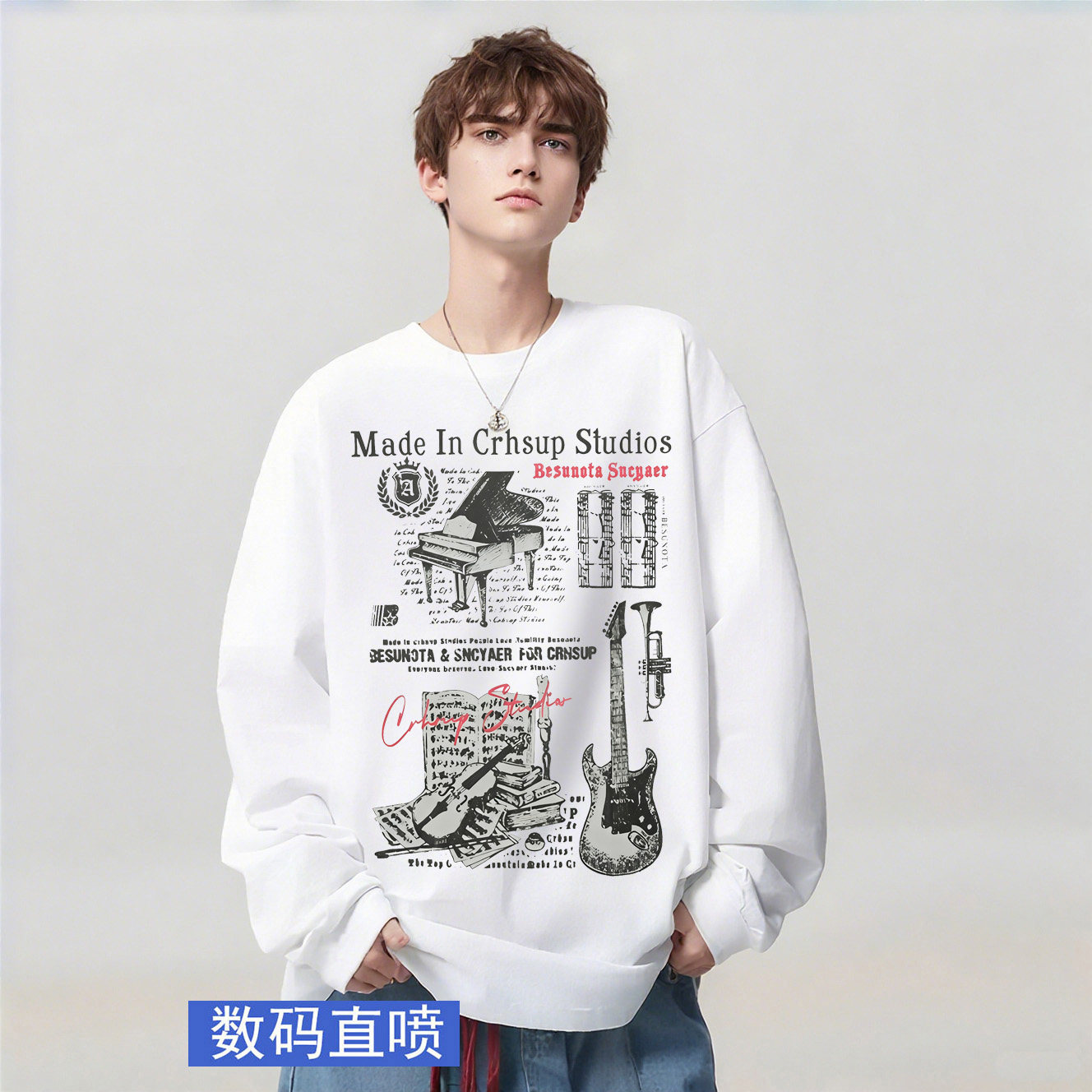 欧美复古乐器印花长袖T恤男春秋