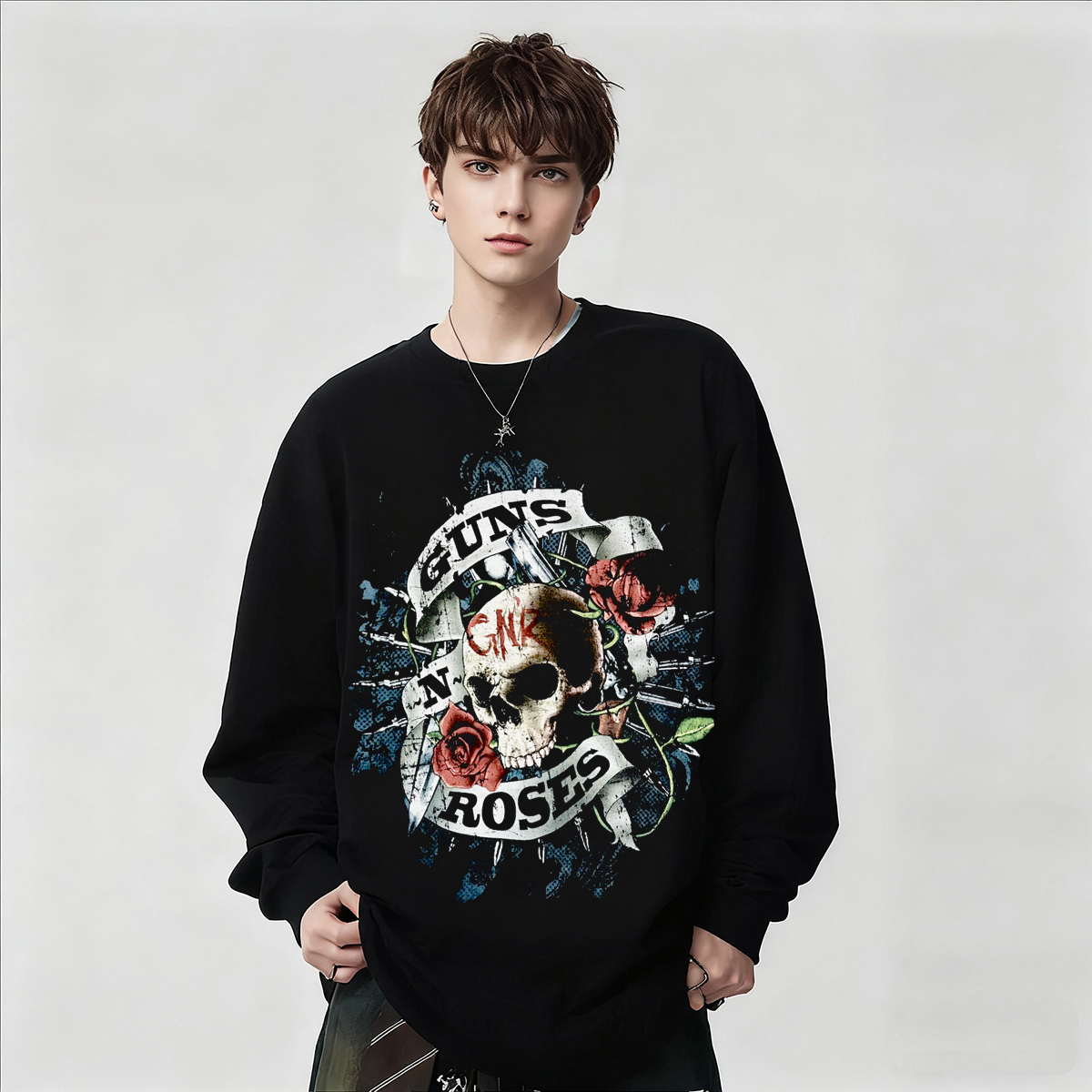 Guns n' roses乐队新款骷髅头印花长袖T恤男百搭纯棉打底上衣春秋