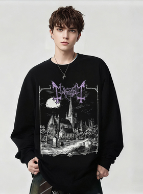 摇滚风Mayhem乐队黑色长袖印花T恤男女复古休闲宽版纯棉上衣春秋