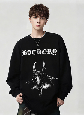 瑞典BATHORY乐队周边印花黑色摇滚风纯棉宽松长袖T恤男上衣春秋季