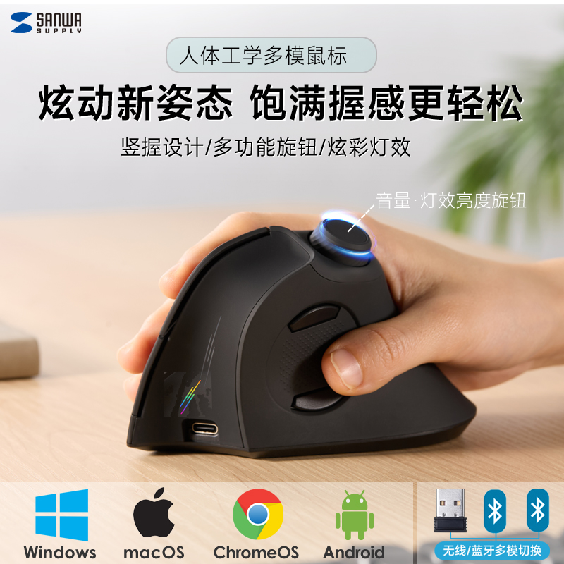 日本SANWA无线鼠标蓝牙双模人体工学充电静音直立电脑通用滑鼠i
