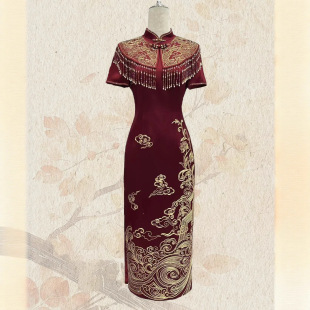 红色喜服女 婚宴装 妈妈装 旗袍喜婆婆礼服礼服连衣裙醋酸旗袍新中式